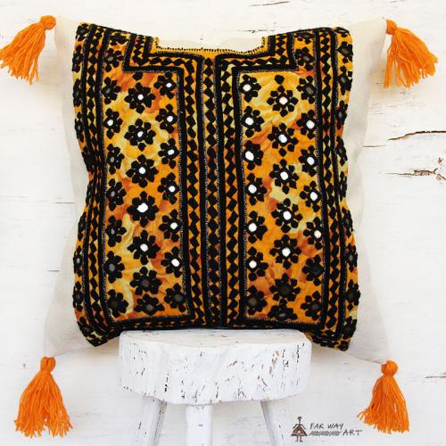 Orange Ethnic Hand Embroidered Pillow